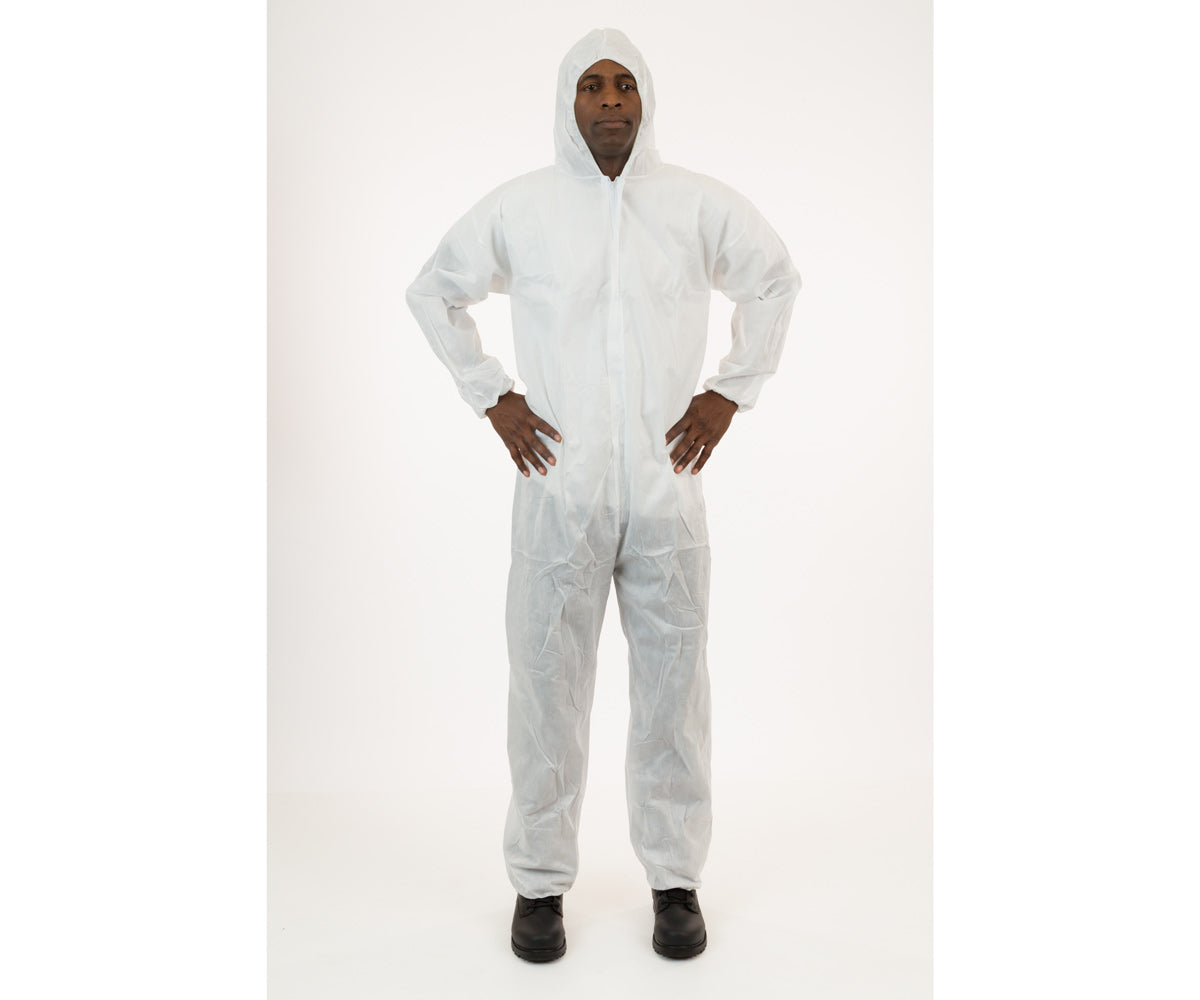 White SMS Coverall with Hood, Large, case of 25