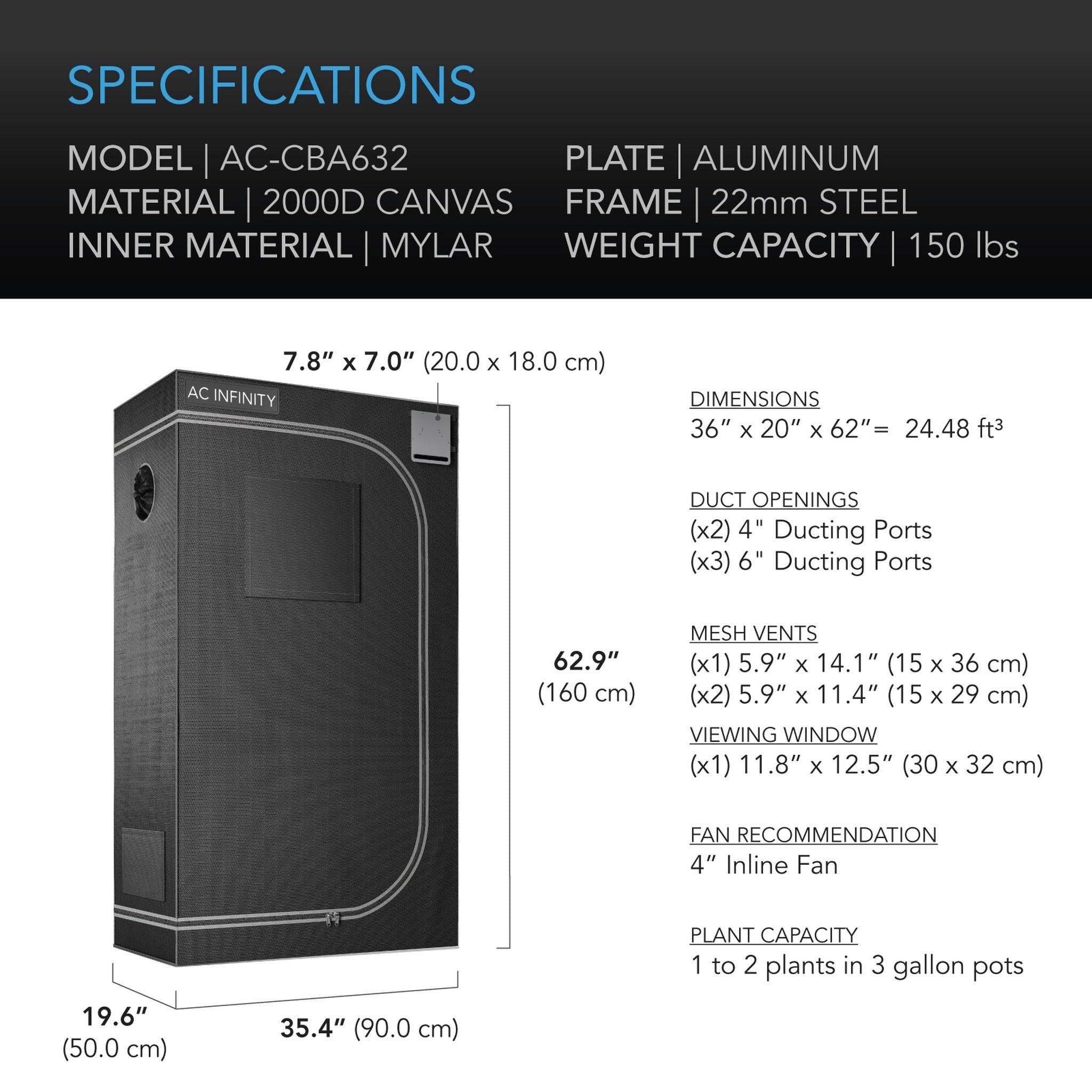 CLOUDLAB 632, ADVANCE GROW TENT, 2000D DIAMOND MYLAR CANVAS, 36" X 20" X 62"